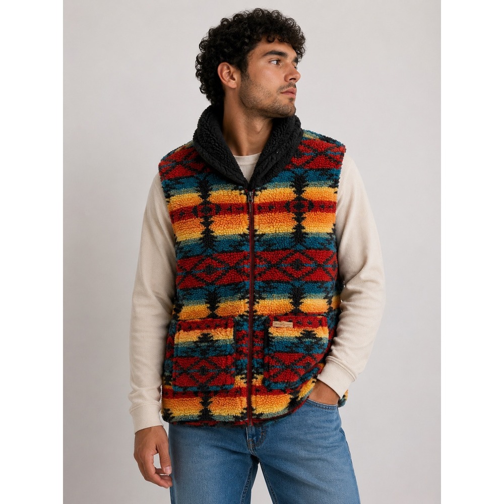 Powder River Outfitters‎ Aztec Fleece Vest Southwestern Sherpa Pockets |P1